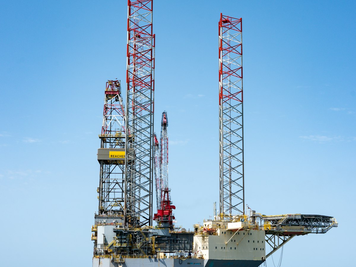 Jack-up drilling rig in calm water