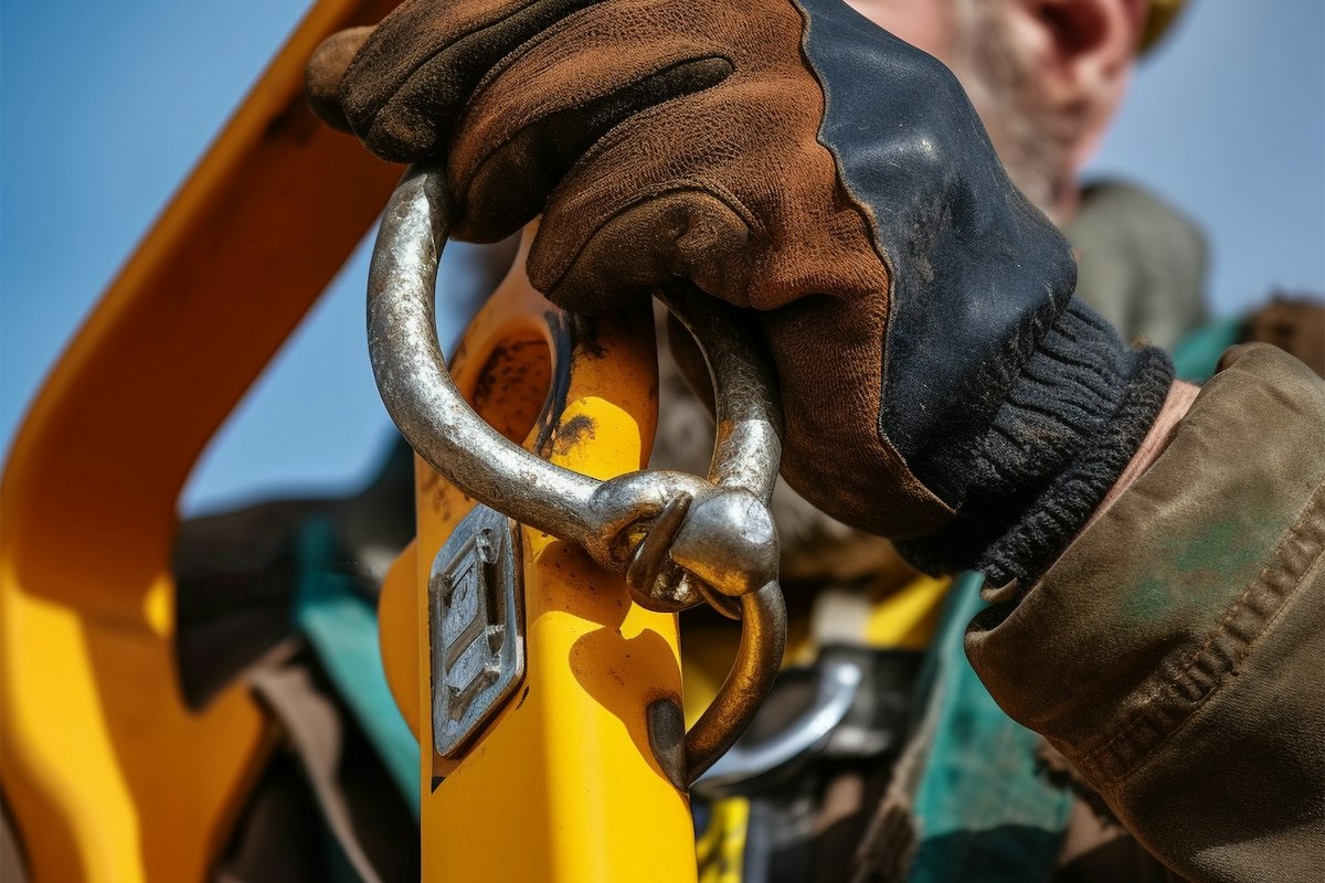 Worker attaching a shackle to lifting equipment